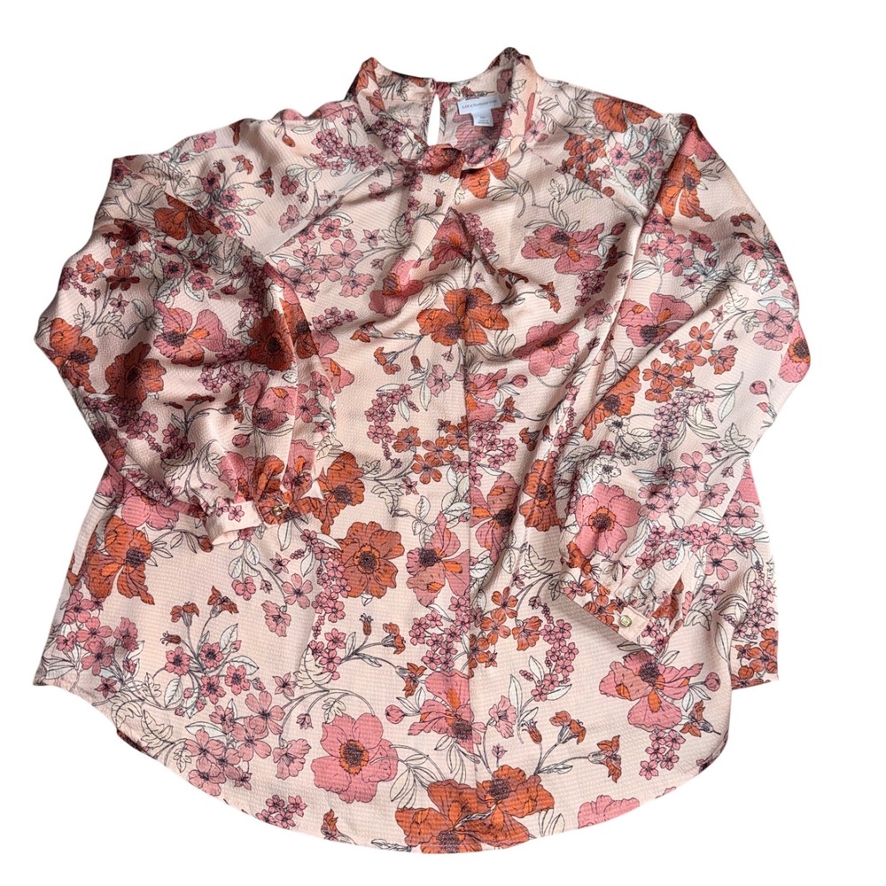 Liz Claiborne Floral Blouse 0X Pink Orange Mock Neck Long Sleeve Top